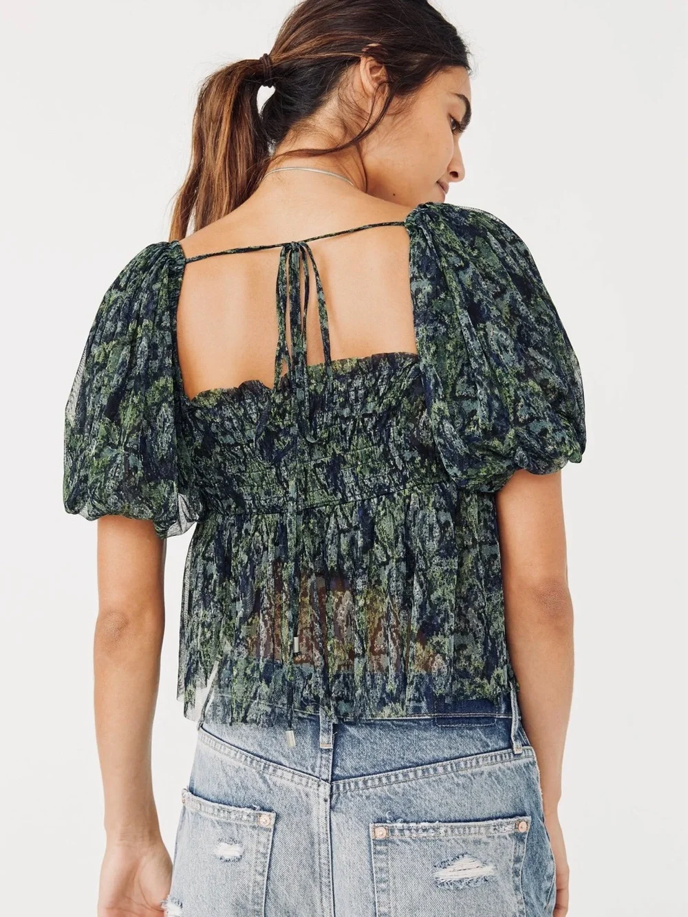 Free People Penelope Top M Green Black Sheer Puff Sleeve Smocked Peplum